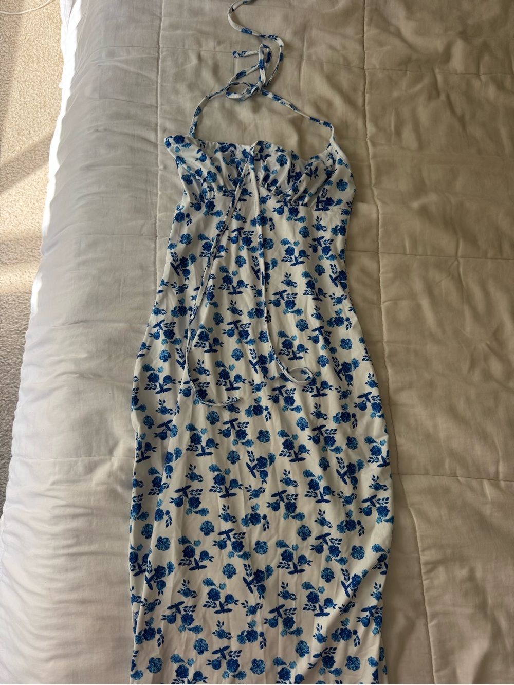 NWOT White and Blue Floral Halter Maxi Dress